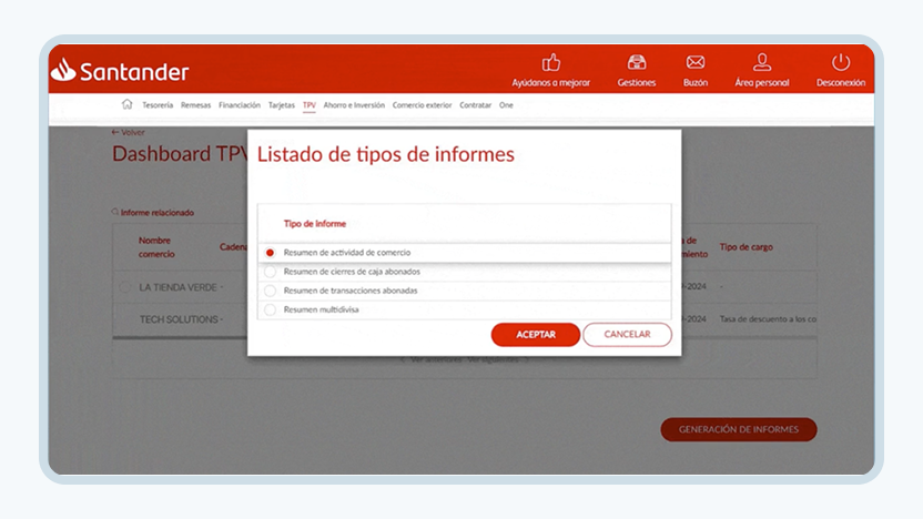 imagen pagina dashboard TPV popup con el listado de tipos de informes